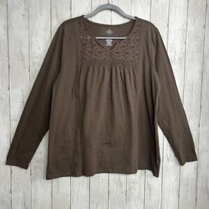 St Johns Bay Cafe Brown Long Sleeve Lightweight Lace Tunic Peasant Shirt Blouse